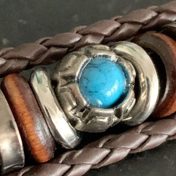 Ibiza Brown Vegan Leather Multi-Strand Cuff Bracelet with Faux Turquoise - Picture 6 of 8